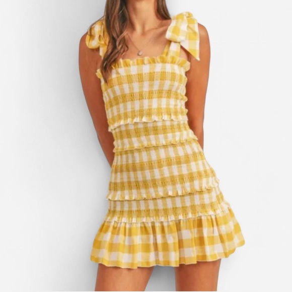 Yellow Gingham Ruffle Mini Dress - Picture 1 of 8
